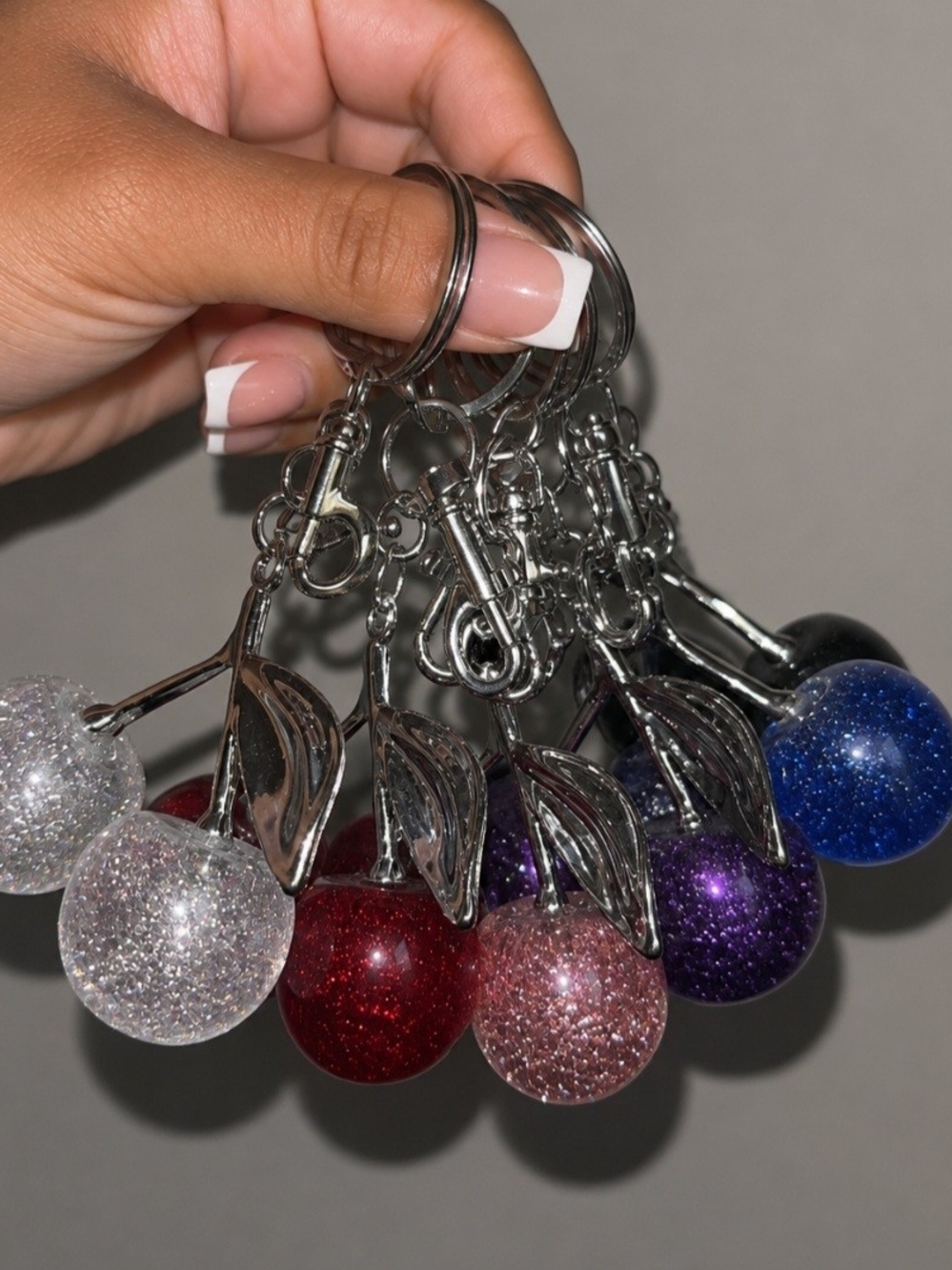 BUNDLE Glitter Cherry Leaf Keychain - Sparkle Cherry Charm (Silver Hardware)